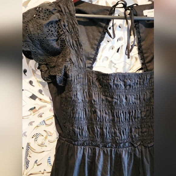 JASON WU LONG BLACK CAP SLEEVES EYELET CUT OUT BACK SMOCKED DRESS SIZE LARGE - Picture 8 of 13